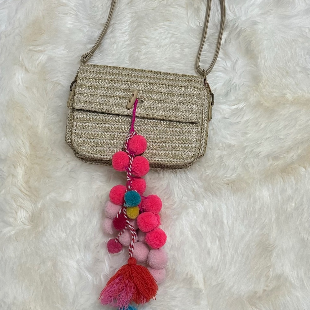 Women Straw Crossing Shoulder Bag with Colorful Pom Pom Tassel Boho 7.5x6x2.5in